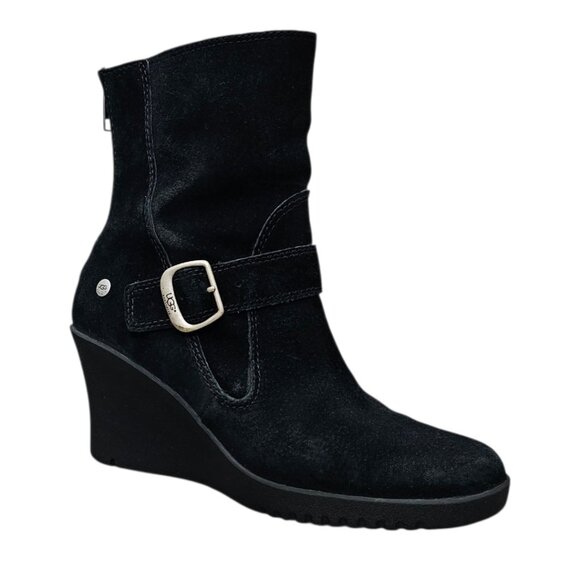 UGG Gissella Womens Suede Sheepskin Shearling Wedge Zip Black Ankle Boots 5593 - Picture 2 of 14